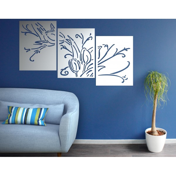 triptyque motif fleur aluminium blanc - Décor Acier